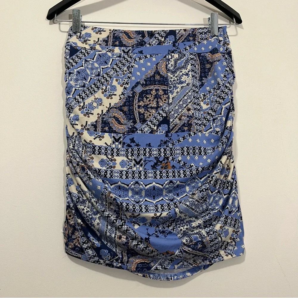 Free People Shes Something Else Mini Skirt True Blue Combo Sz M Ruched Layers